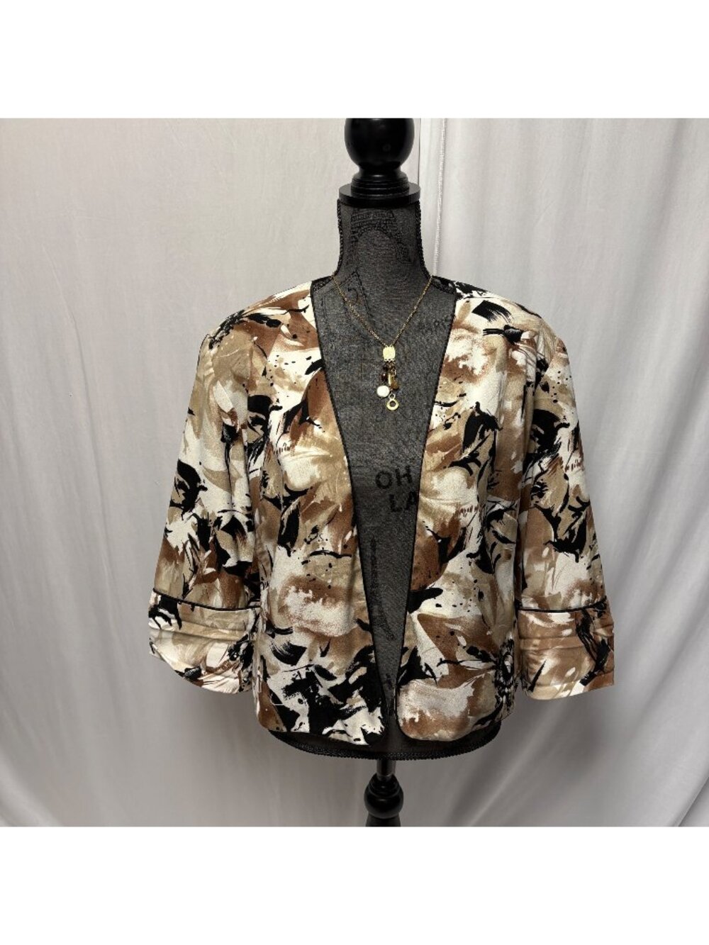 Dressbarn Floral Open-Front Jacket Womens Size XL Brown Black Lined Office